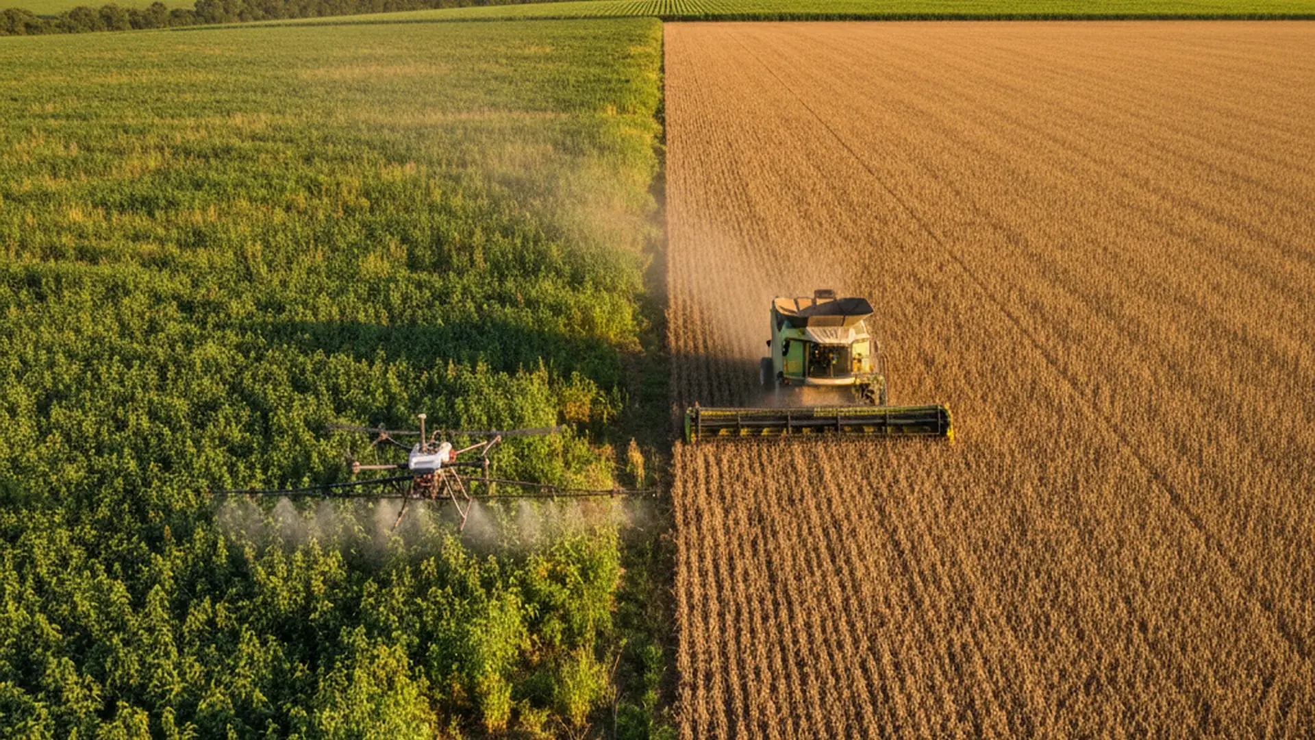 Colheitadeira e drone agrícola em lavoura
